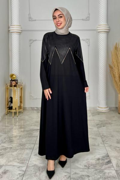 Zikzak Deri Elbise  Siyah