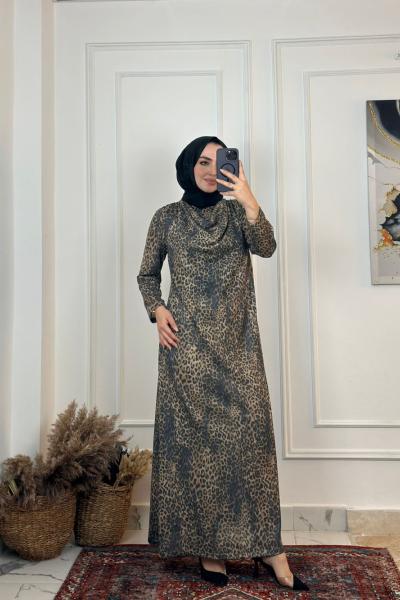 Leopar Degaje Yaka Elbise-Leopar