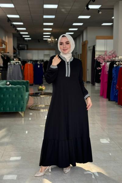 Name Yaka Biyeli Elbise-Siyah