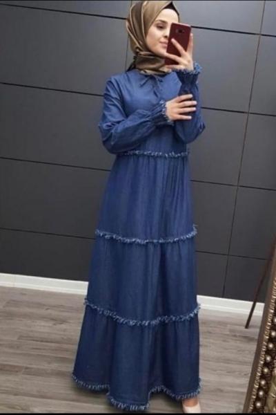 Bağcıklı Kot Elbise Koyu Mavi