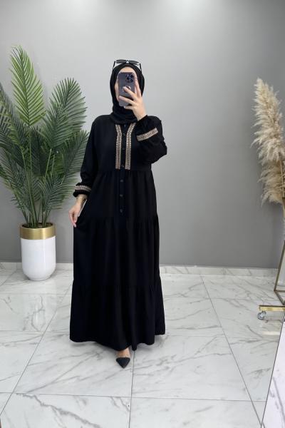 Medine Elbise Nakışlı Siyah