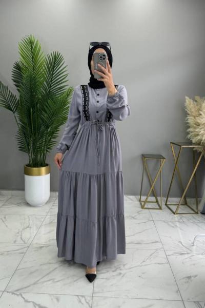 Nakışlı Elbise Gri