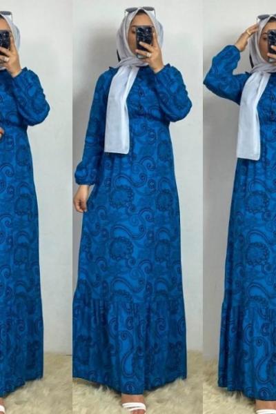 Pamuklu Viskon Elbise Mavi