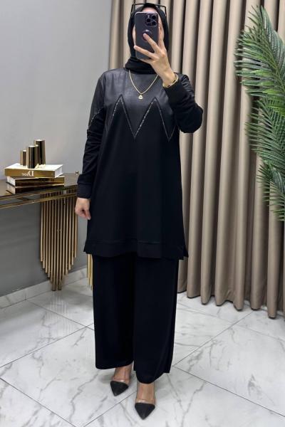 Zikzak Taş/Deri Detaylı Takım Siyah