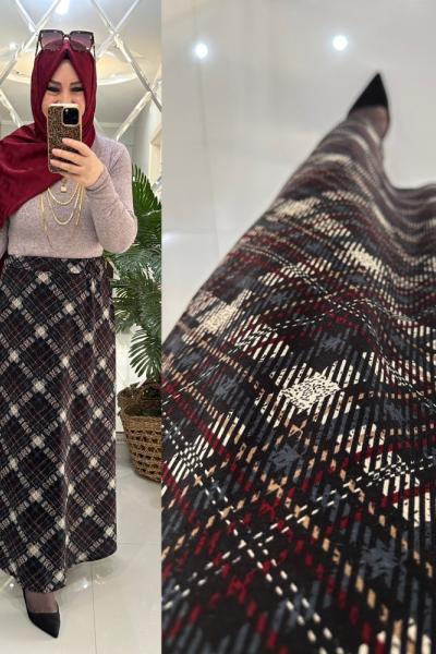 Afra etek örme penye kumaş ekoseli bordo