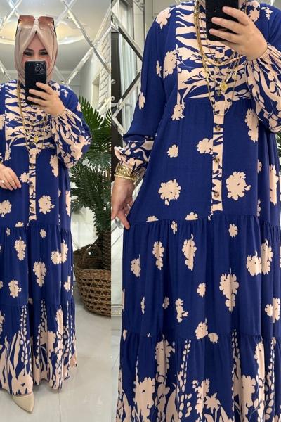 Alaçatı elbise viskon kumaş saks mavi