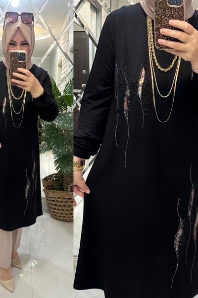 Alev tunik kristal penye kumaş siyah