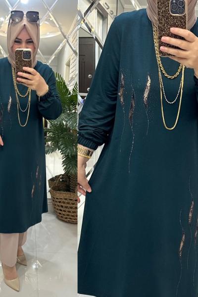 Alev tunik kristal penye kumaş petrol