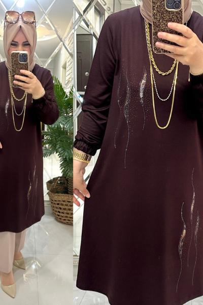 Alev tunik kristal penye kumaş kahve