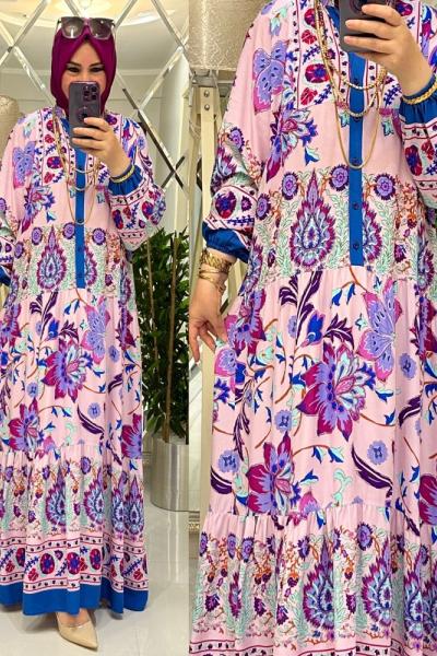 Alis elbise viskon kumaş pudra/mavi