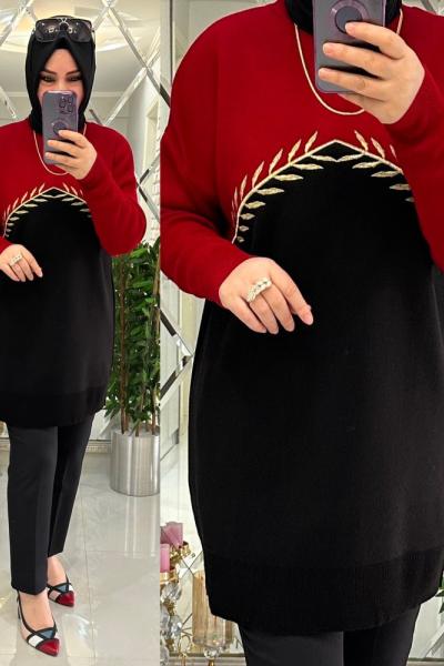 Aris çelik örgü triko tunik siyah kırmızı