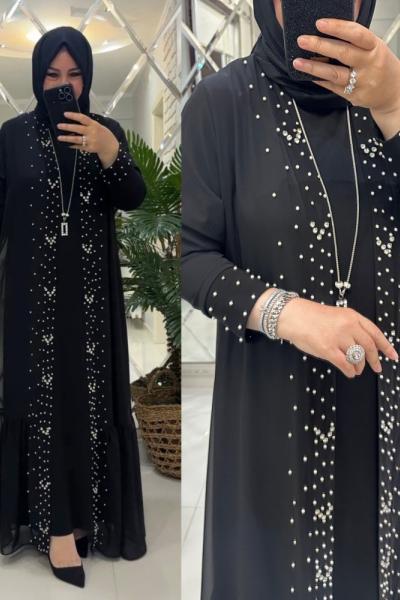 Armin elbise abayalı inci ve taş işlemeli siyah