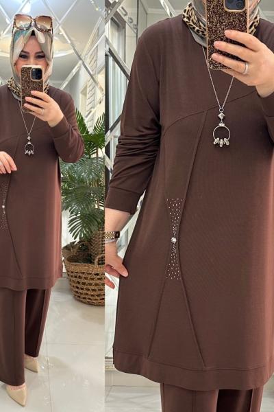 Belkıs takım qupra petek kumaş kahve