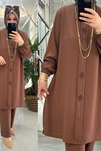 Betül takım krep kumaş kahve