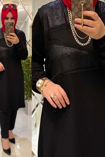 Çapraz desen ikiiplik penye tunik siyah