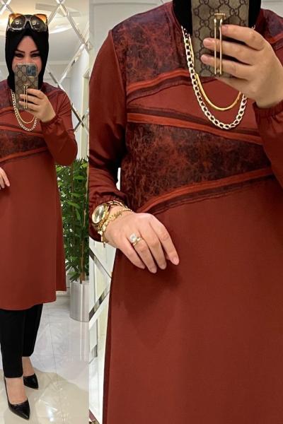 Çapraz desen ikiiplik penye tunik kiremit