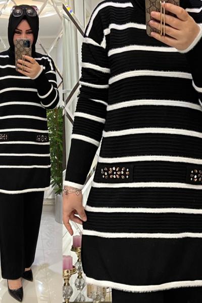 Cep kapakları taşlı yumoş triko takım siyah