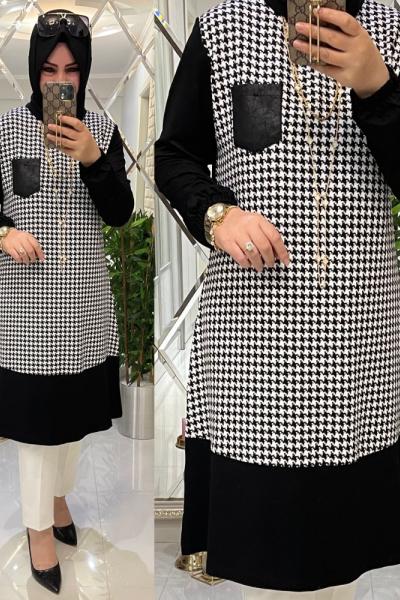 Cepli kazayağı desenli penye tunik