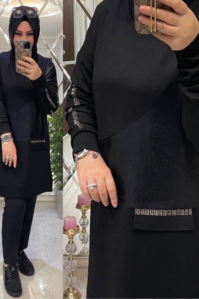 Deri detaylı çelik örme penye taşlı tunik