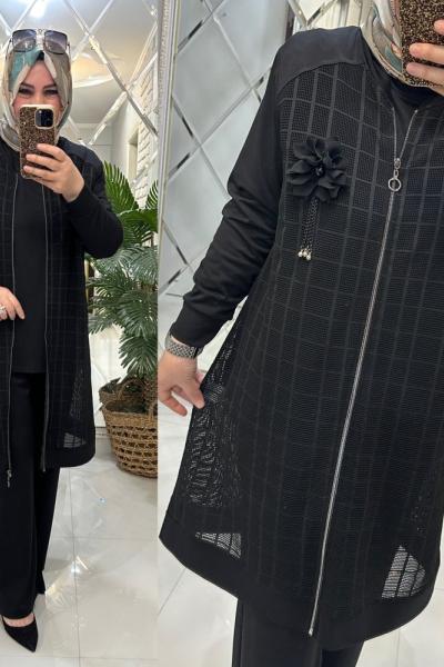 Derya üçlü takım inci penye kumaş siyah
