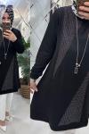 Elif tunik gümüş file ikiiplik kumaş siyah
