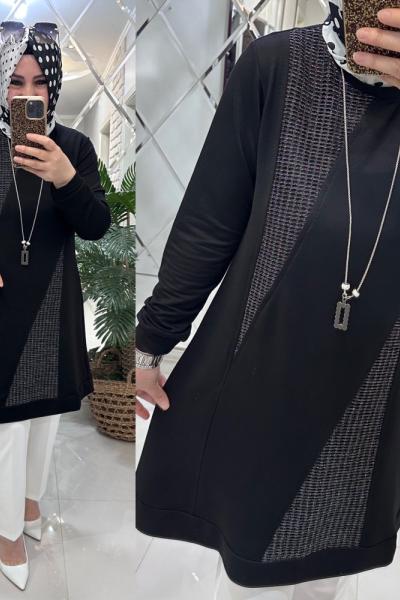 Elif tunik gümüş file ikiiplik kumaş siyah