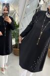 Elvan tunik taş süslemeli oyşo kumaş siyah