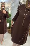 Elvan tunik taş süslemeli oyşo kumaş kahve