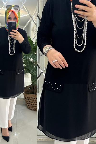 Esila tunik sandy kumaş cepleri incili siyah