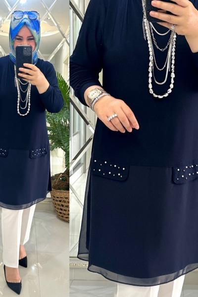 Esila tunik sandy kumaş cepleri incili laci