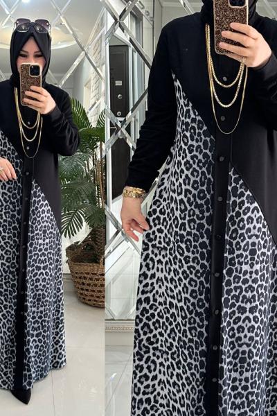 Eyşan elbise leopar desenli beliz kumaş siyah/beyaz