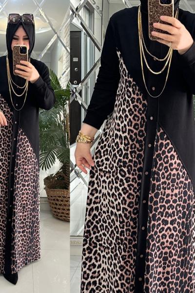 Eyşan elbise leopar desenli beliz kumaş siyah/kahve