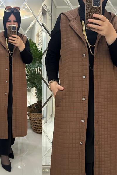 Eza yelek kapitone kumaş kahve