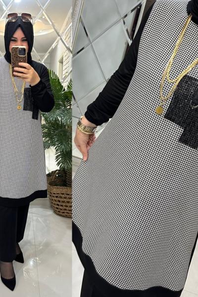 Filiz tunik kazayağı desen ikiiplik kumaş siyah