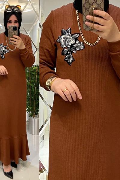 Fitilli atlas kumaş volanlı elbise tarçın