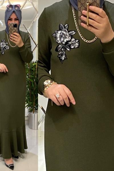 Fitilli atlas kumaş volanlı elbise haki