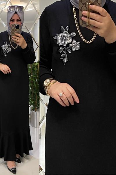 Fitilli atlas kumaş volanlı elbise siyah