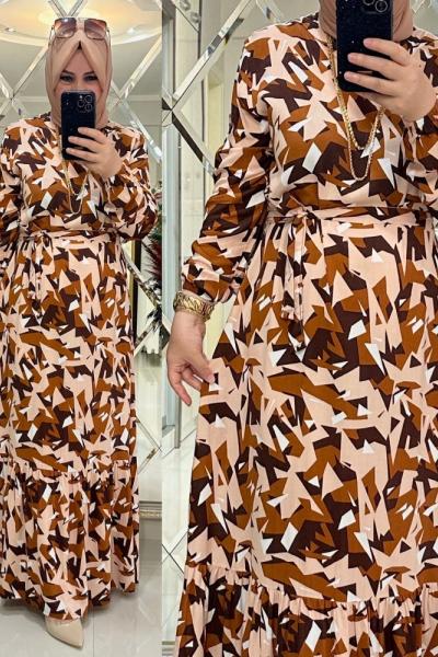 Geometrik desenli viskon elbise kahve
