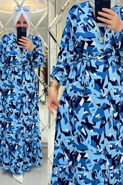 Geometrik desenli viskon elbise mavi
