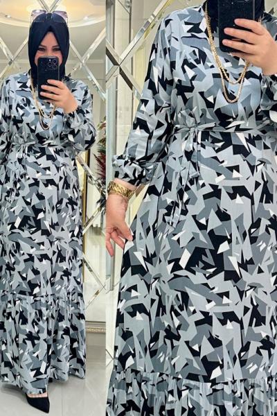 Geometrik desenli viskon elbise gri