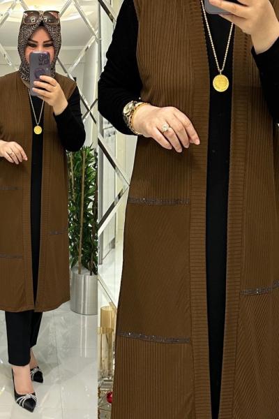 Gül fitilli sandy yelek kahve