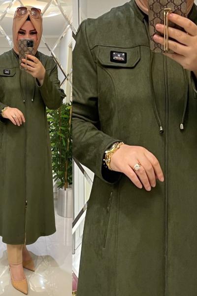 Hakim yaka armalı süet kap haki