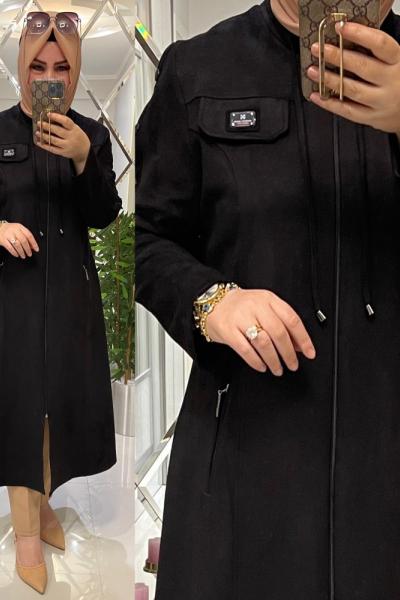 Hakim yaka armalı süet kap siyah