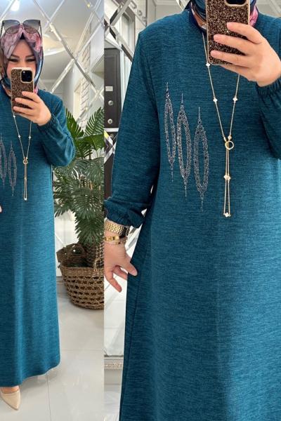 Hande elbise yumoş triko petrol