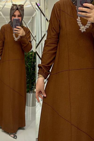 Hanım bürümcük kumaş elbise kahve