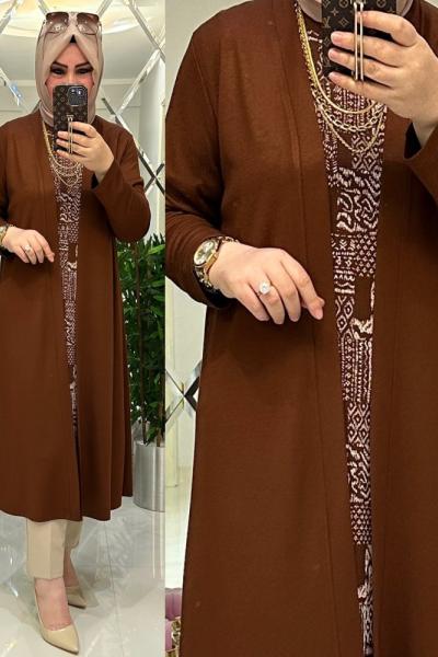 Hırka içtunik ikili takım örme krep kahve