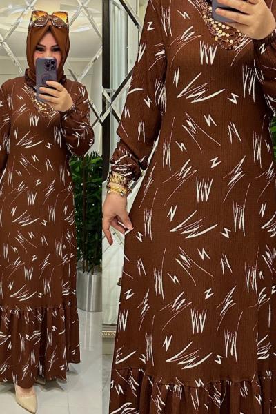 Hüma Çapraz Desen Bürümcük Elbise Kahve
