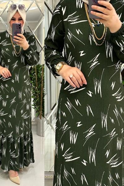 Hüma Çapraz Desen Bürümcük Elbise Haki