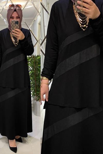 İki İplik Kumaş Deri Detaylı Etekli Takım Burcu siyah