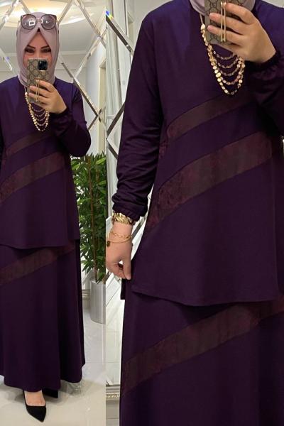 İki İplik Kumaş Deri Detaylı Etekli Takım Burcu Mor